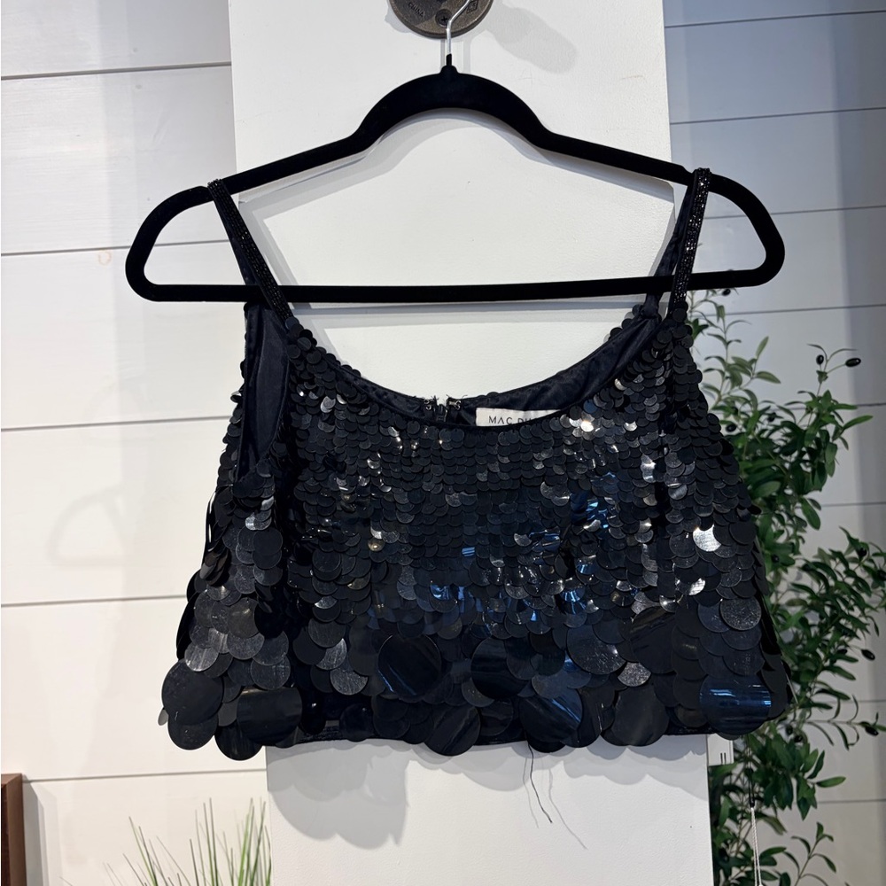 Mac Duggal Black Sequin Crop Tank Top Stunning beading on straps NWT